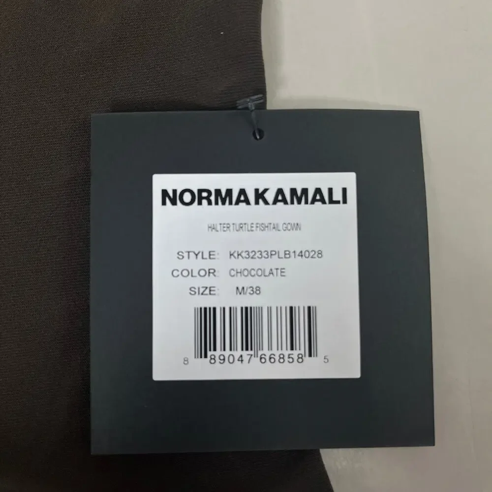 NORMA KAMALI Halter Turtle Fishtail Gown 4-Way Stretch Womens Sz M/38 Chocolate - Picture 5 of 9